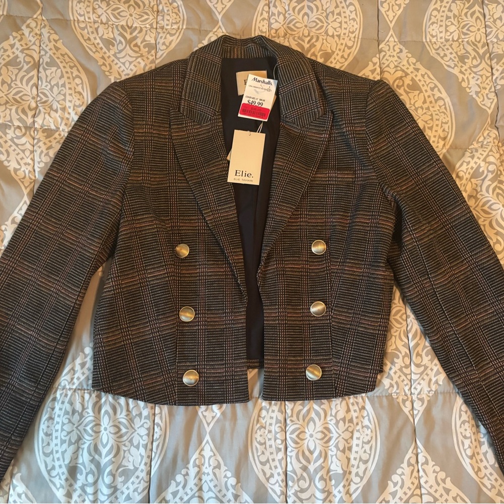 Elie Tahari Brown & Black Plaid Cropped Double-Breasted Blazer